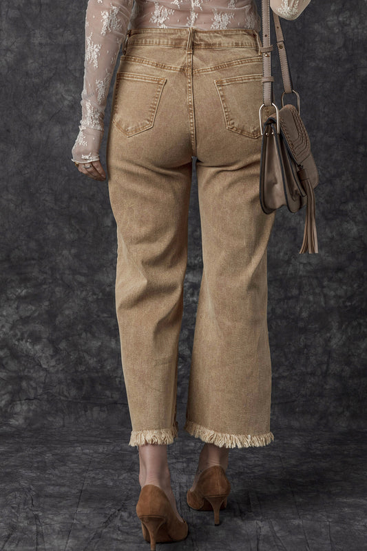 Light French Beige Acid Washed High Rise Cropped Wide Leg Jeans Jeans JT's Designer Fashion