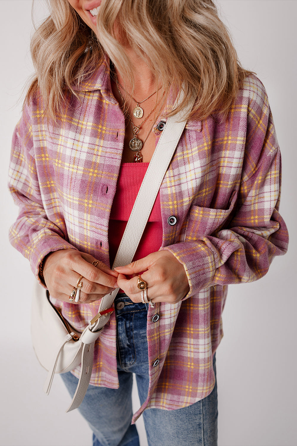 Pink Plaid Print Chest Pocket Long Sleeve Shacket Plaid Shackets JT's Designer Fashion