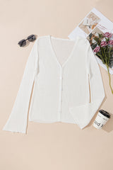 White Lightweight V Neck Button Front Bell Sleeve Cardigan Sweater Cardigans JT's Designer Fashion