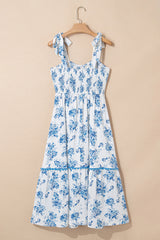 Sky Blue Floral Print Shirred Knot Shoulder Sleeveless Long Dress Floral Dresses JT's Designer Fashion