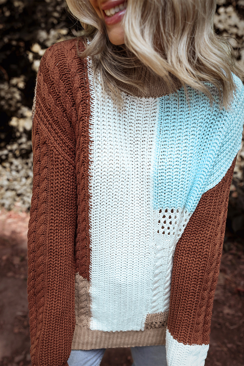 Khaki Mix Textured Knit Colorblock Patchwork Sweater Sweaters JT's Designer Fashion