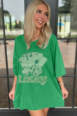Bright Green Rhinestone Lucky Poker Cards Oversized T Shirt Mini Dress T Shirt Dresses JT's Designer Fashion