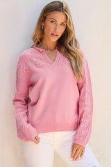 Peach Blossom Flower Detail Knitted Notched Neck Sweater Sweaters JT's Designer Fashion