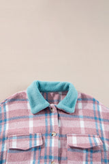 Pink Plaid Print Color Block Collared Flap Pockets Loose Shacket Plaid Shackets JT's Designer Fashion
