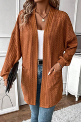 Chestnut Textured Knit Side Pockets Open Front Cardigan Chestnut 97%Polyester+3%Elastane Cardigans JT's Designer Fashion