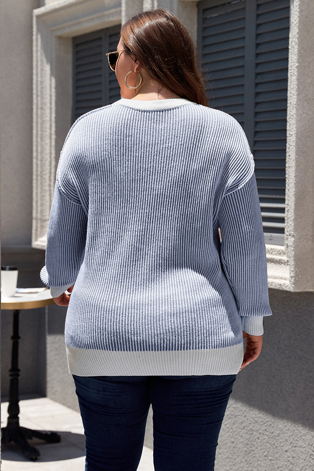Blue Stripe Plus Size Contrast Trim Crew Neck Rib Knit Drop Shoulder Sweater Plus Size Sweaters & Cardigans JT's Designer Fashion