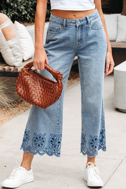 Dusk Blue Embroidered Cropped Wide Leg High Waist Jeans Dusk Blue 75%Cotton+12.7%Polyester+12.3%Viscose Jeans JT's Designer Fashion