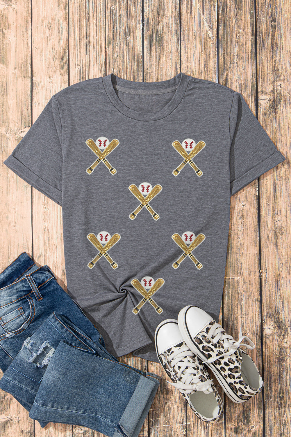 Gray Sequined Game Day Casual Tee Graphic Tees JT's Designer Fashion