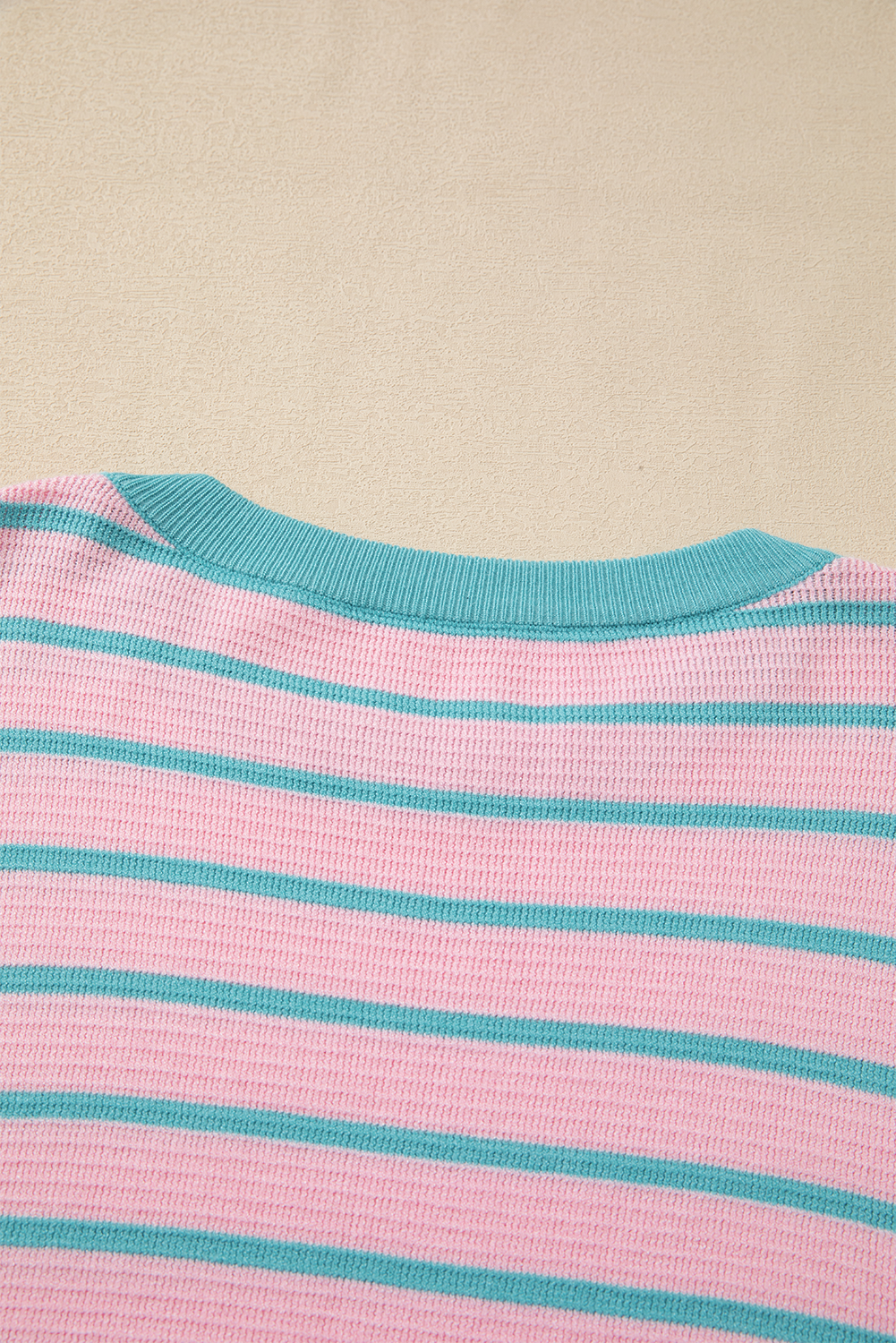 Pink Stripe Trimmed Round Neck Drop Shoulder Loose Sweater Sweaters JT's Designer Fashion