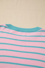 Pink Stripe Trimmed Round Neck Drop Shoulder Loose Sweater Sweaters JT's Designer Fashion