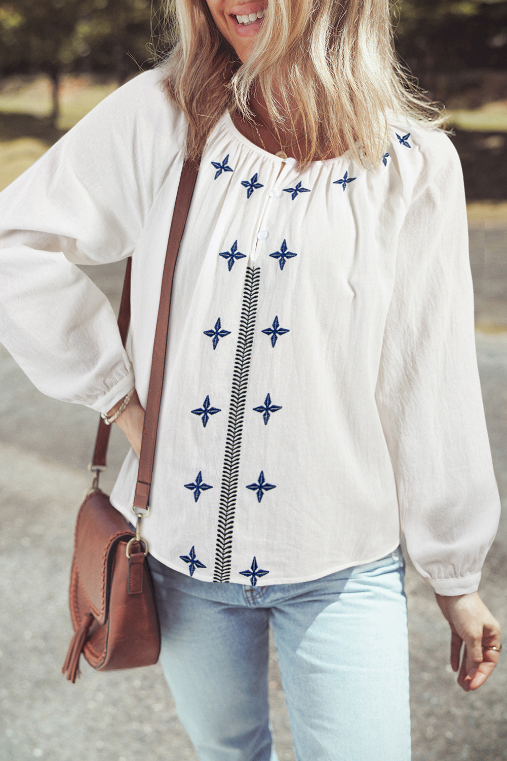 White Geometric Embroidered Long Sleeve Buttoned Blouse White 100%Cotton Blouses & Shirts JT's Designer Fashion