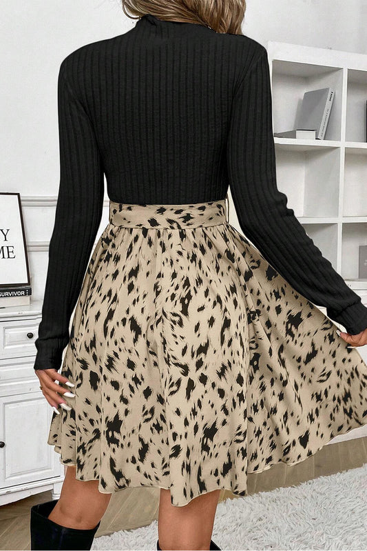 Black Ribbed Knit Patchwork Printed Belted A-line Dress Mini Dresses JT's Designer Fashion