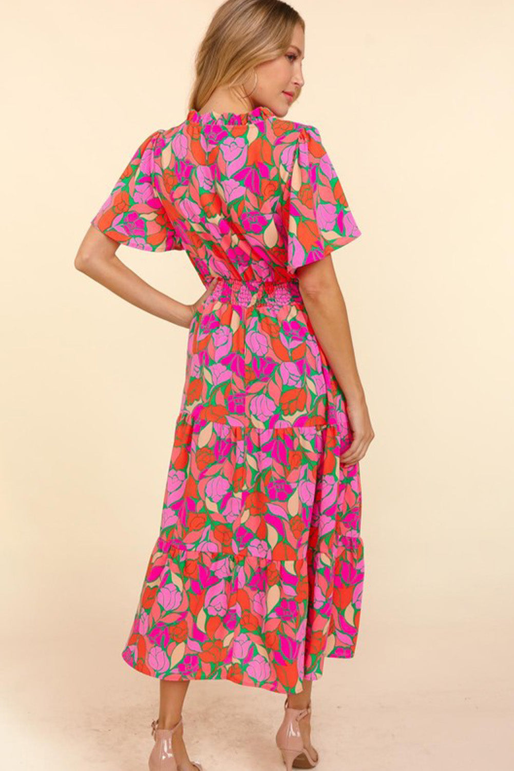 Rose Floral Short Sleeve Smocked Waist Maxi dress Dresses JT's Designer Fashion