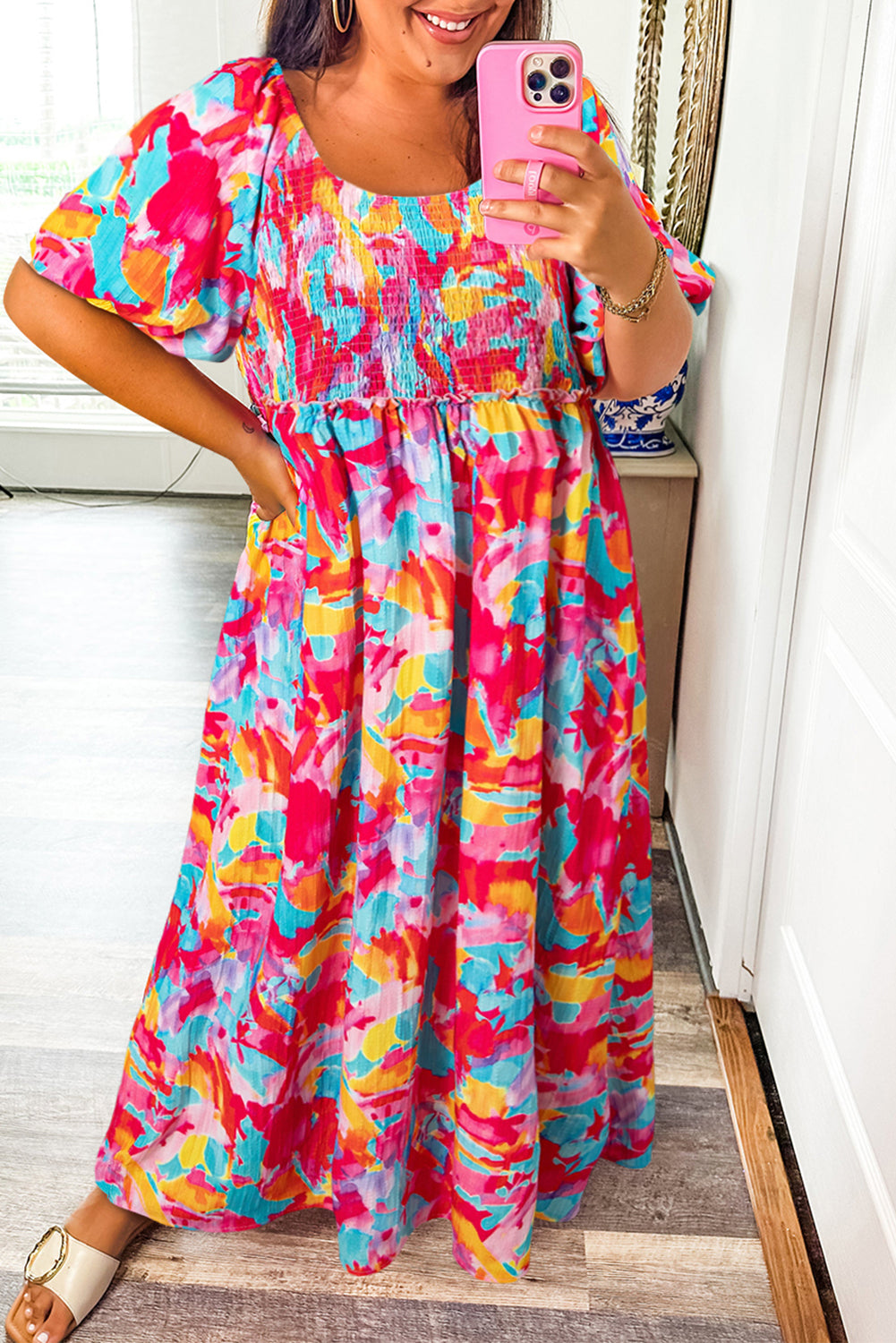 Rose Abstract Printed Puff Sleeve Square Neck Smocked Bust Tied Back Plus Size Dress Rose 100%Polyester Plus Size Maxi Dresses JT's Designer Fashion