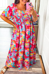 Rose Abstract Printed Puff Sleeve Square Neck Smocked Bust Tied Back Plus Size Dress Rose 100%Polyester Plus Size Maxi Dresses JT's Designer Fashion