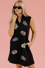 Black Sequin Patched V Neck Collared Mini Dress Graphic Dresses JT's Designer Fashion