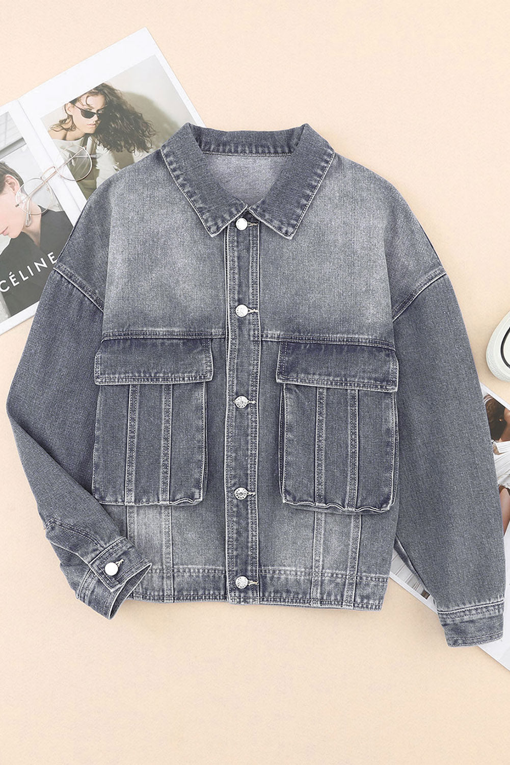 Gray Chest Pockets Drop Shoulder Loose Denim Jacket Denim Jackets JT's Designer Fashion