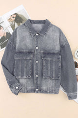 Gray Chest Pockets Drop Shoulder Loose Denim Jacket Denim Jackets JT's Designer Fashion
