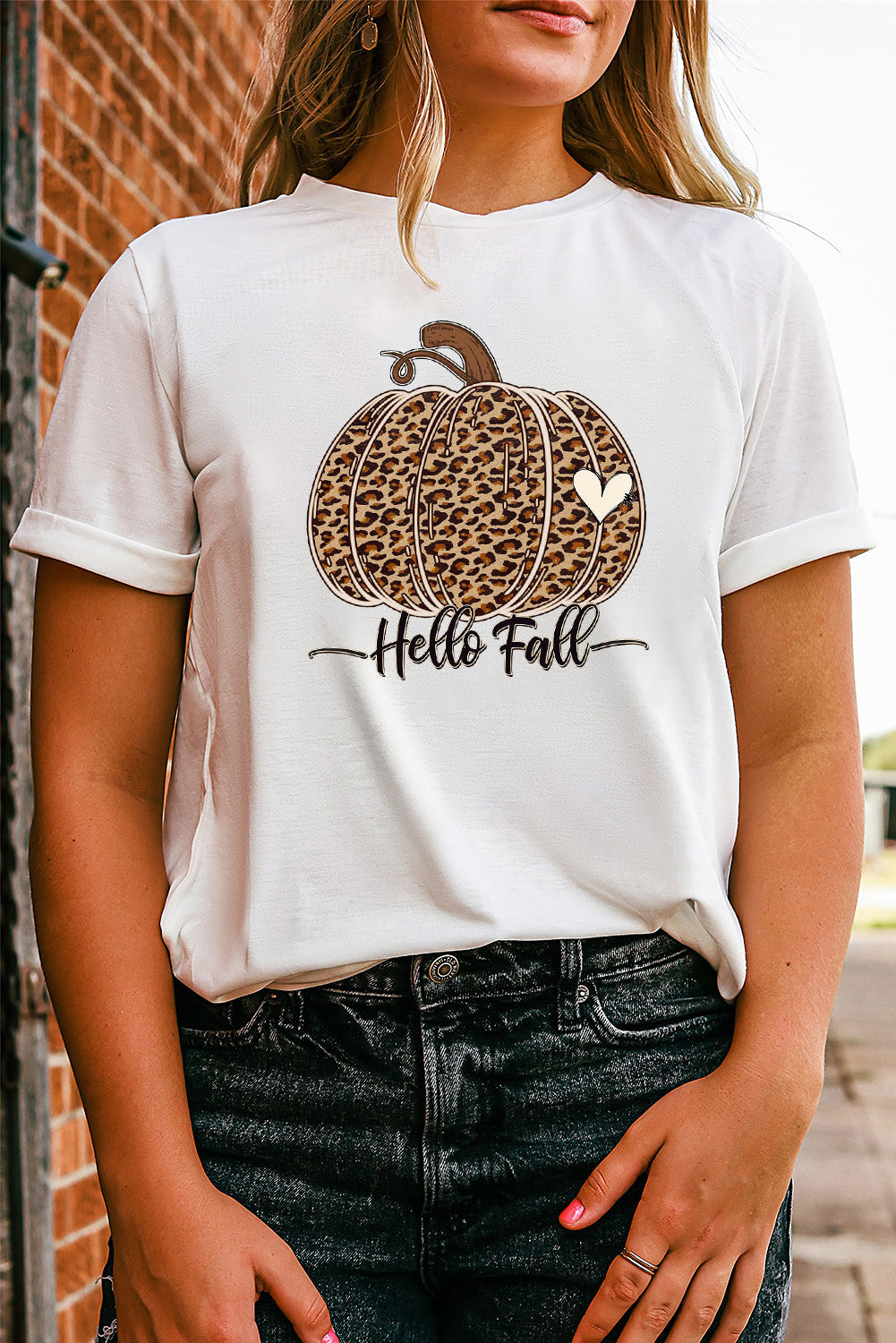 White Hello Fall Leopard Pumpkin Graphic T Shirt Graphic Tees JT's Designer Fashion