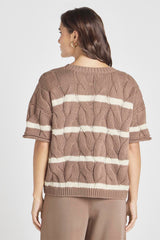 Dark Khaki Striped Cable Short Sleeve Sweater Sweaters & Cardigans JT's Designer Fashion