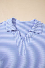 Sky Blue Stripe Dolman Sleeve Polo Shirt and Drawstring Shorts Set Short Sets JT's Designer Fashion