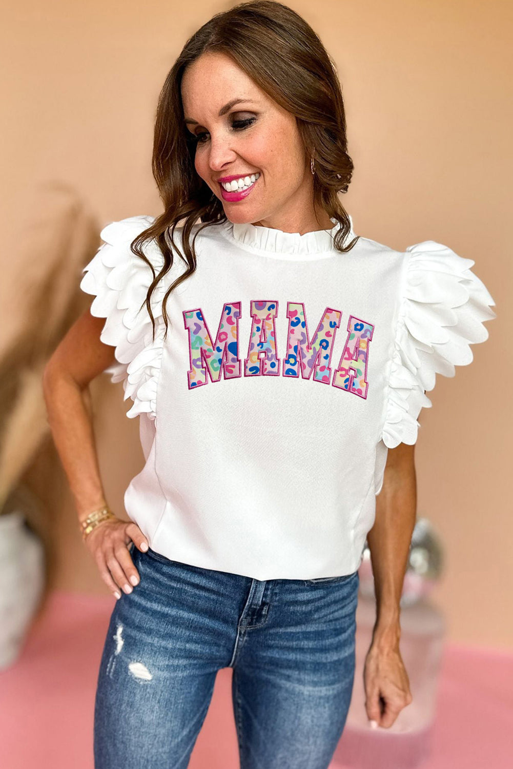 White MAMA Leopard Embroidered Layered Scalloped Sleeve Top Graphic Tees JT's Designer Fashion