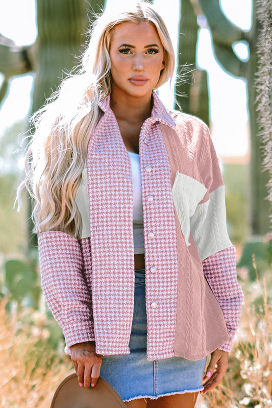 Pink Houndstooth Color Contrast Textured Patchwork Loose Shacket Pink 100%Polyester Jackets JT's Designer Fashion