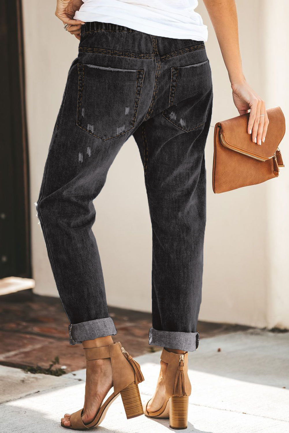 Black Gather Round Distressed Pocketed Denim Jogger Jeans JT's Designer Fashion