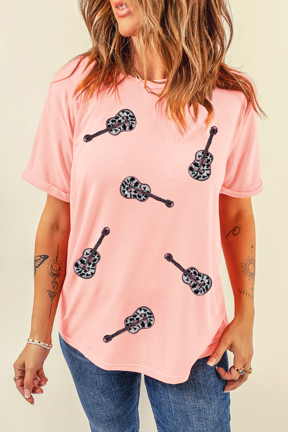 Pink Leopard Guitar Sequin Patch Crew Neck Tee Graphic Tees JT's Designer Fashion