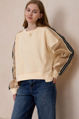 Beige Contrast Striped Patchwork Drop Shoulder Loose Sweatshirt Sweatshirts & Hoodies JT's Designer Fashion