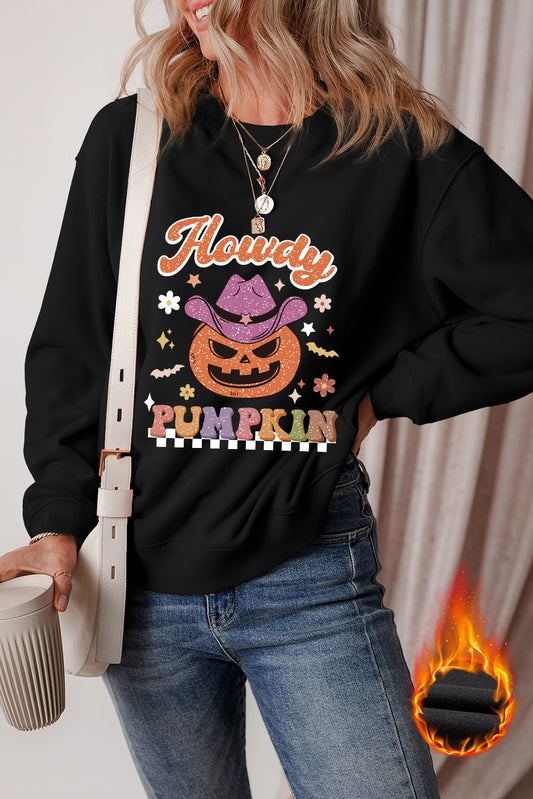 Black Halloween Howdy PUMPKIN Print Crew Neck Pullover Sweatshirt Graphic Sweatshirts JT's Designer Fashion