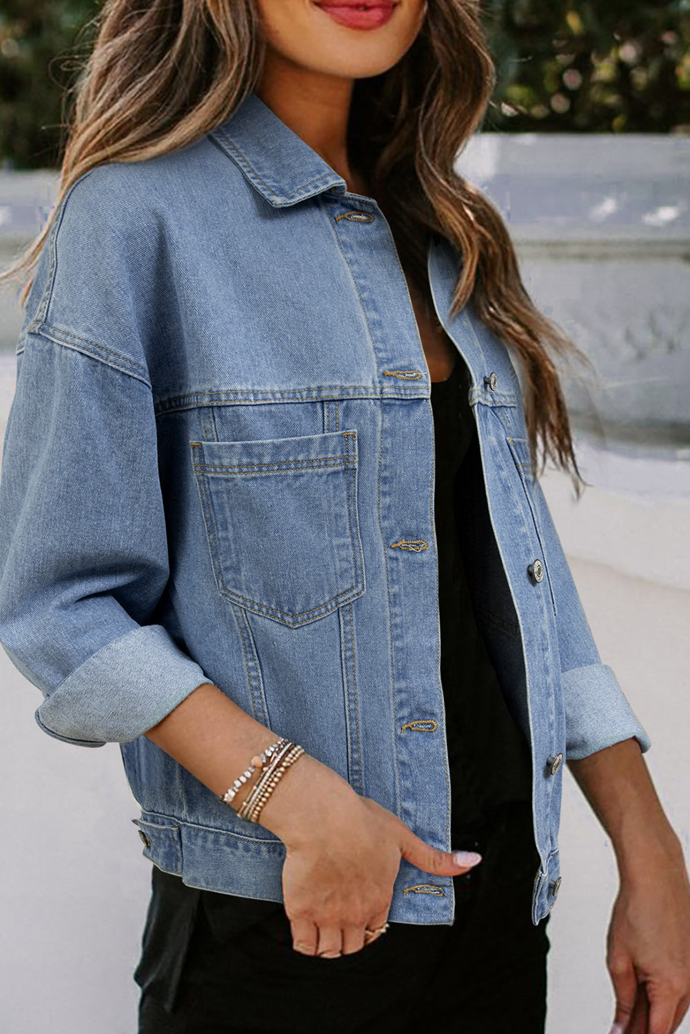 Wild Wind Washed Oversize Pocketed Denim Jacket Denim Jackets JT's Designer Fashion