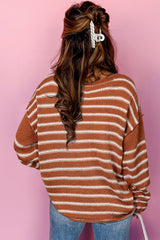 Brown Stripe Drop Shoulder Casual Sweater Sweaters JT's Designer Fashion