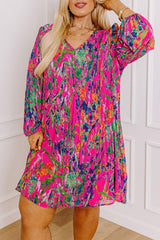 Rose Plus Size Abstract Floral Print Pleated Loose Dress Plus Size Mini Dresses JT's Designer Fashion