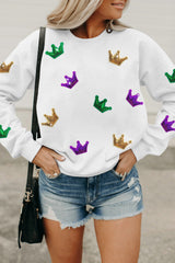 White Mardi Gras Crown Sequined Patch Crew Neck Sweatshirt Graphic Sweatshirts JT's Designer Fashion