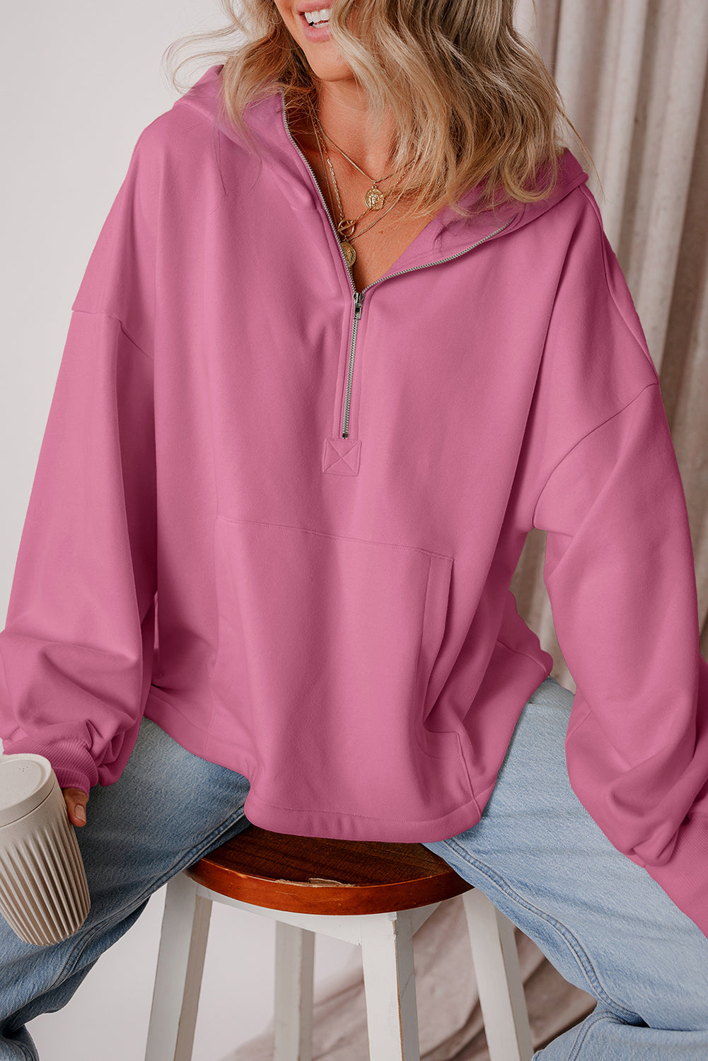 Valerian Fleece Lined Half Zipper Kangaroo Pockets Loose Hoodie Sweatshirts & Hoodies JT's Designer Fashion