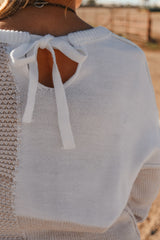 Oatmeal Mixed Pattern Knit Tie Keyhole Drop Shoulder Sweater Sweaters JT's Designer Fashion