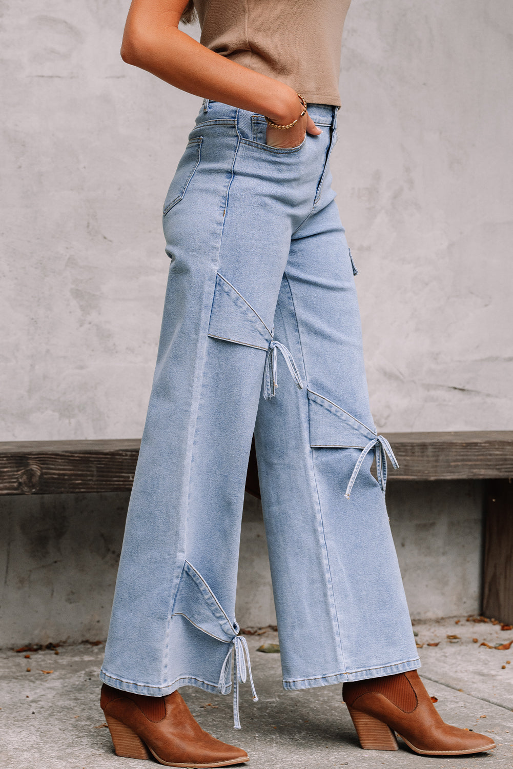 Beau Blue Bowknot Decor Boyfriend Cargo Jeans Jeans JT's Designer Fashion