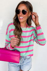 Green Stripe Round Neck Casual Sweater Sweaters JT's Designer Fashion