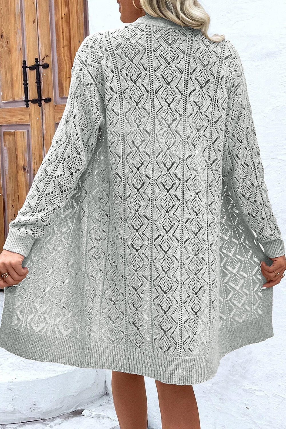 Gray Hollow Out Buttons Front Long Cardigan Cardigans JT's Designer Fashion