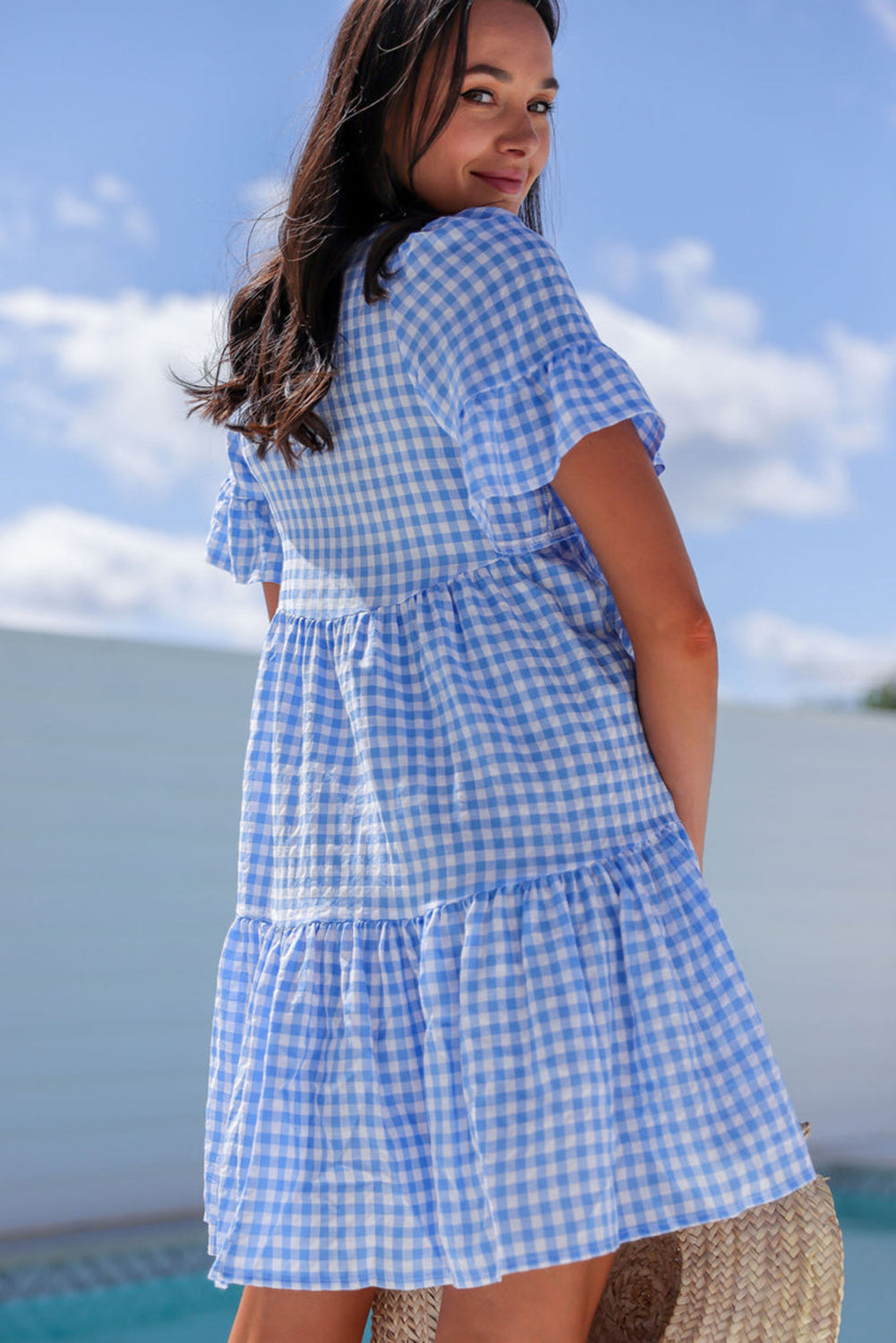 Sky Blue Gingham Short Sleeve Button Tie Split Neck Loose Mini Dress Mini Dresses JT's Designer Fashion