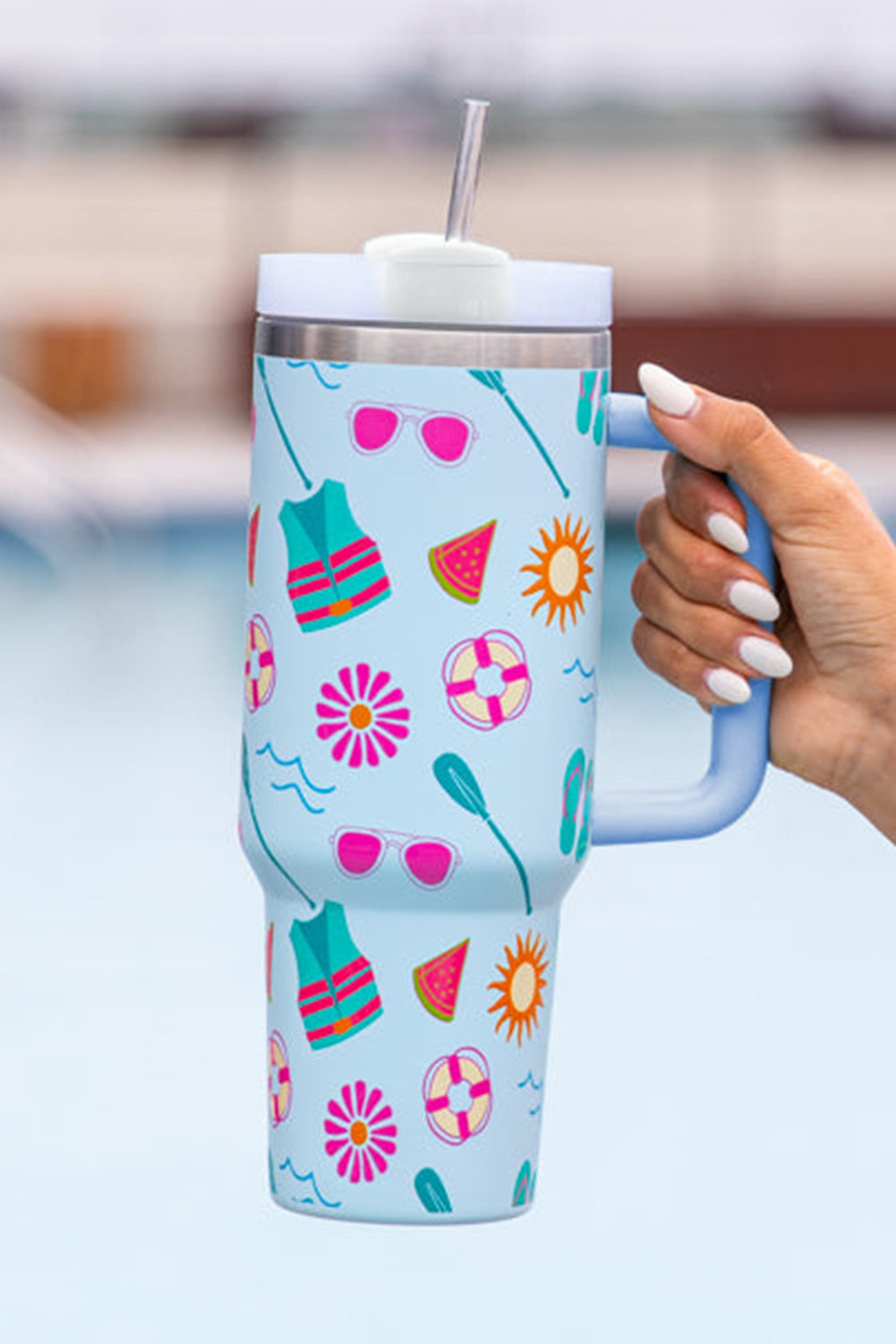 Light Blue Beach Day Fun Pattern Cup with Handle 40oz Tumblers JT's Designer Fashion