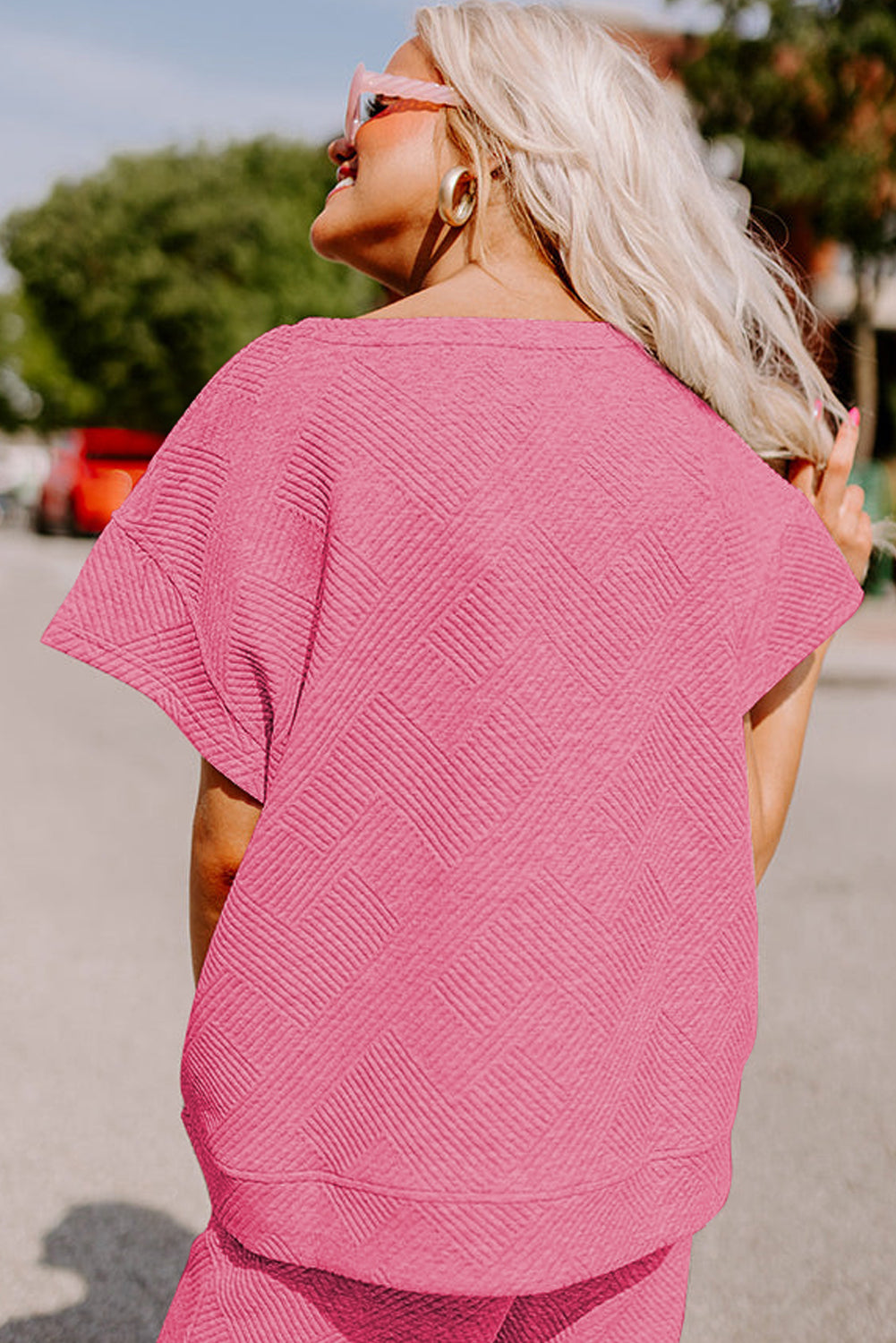Strawberry Pink Textured Loose Fit T Shirt and Drawstring Pants Set Bottoms JT's Designer Fashion