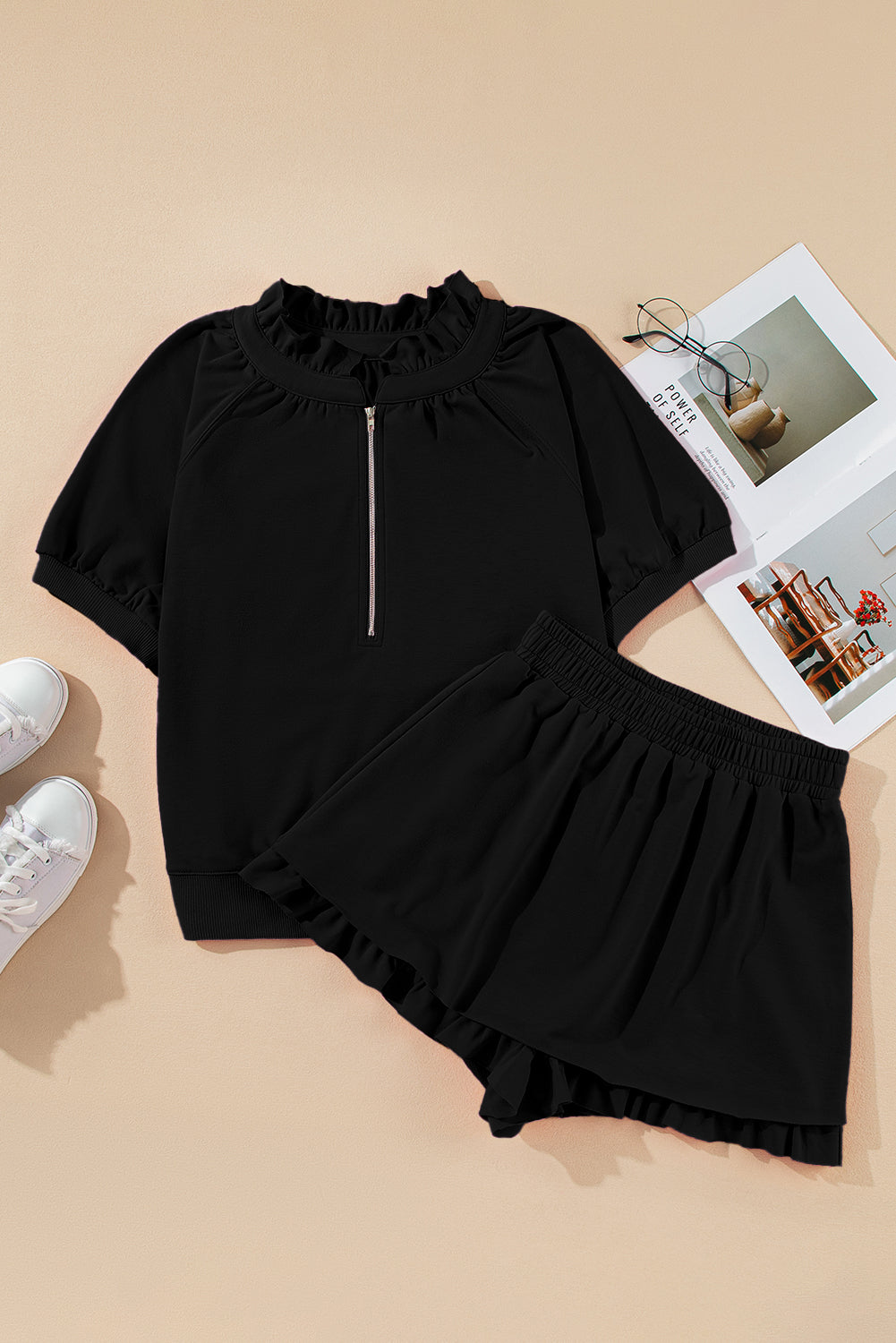 Black Half Zip Puff Sleeve Top and Ruffled Shorts Set Short Sets JT's Designer Fashion