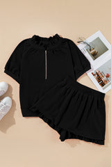 Black Half Zip Puff Sleeve Top and Ruffled Shorts Set Short Sets JT's Designer Fashion