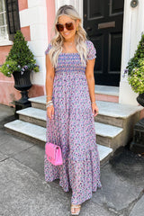 Purple Floral Short Bubble Sleeve Shirred High Waist Long Dress Maxi Dresses JT's Designer Fashion