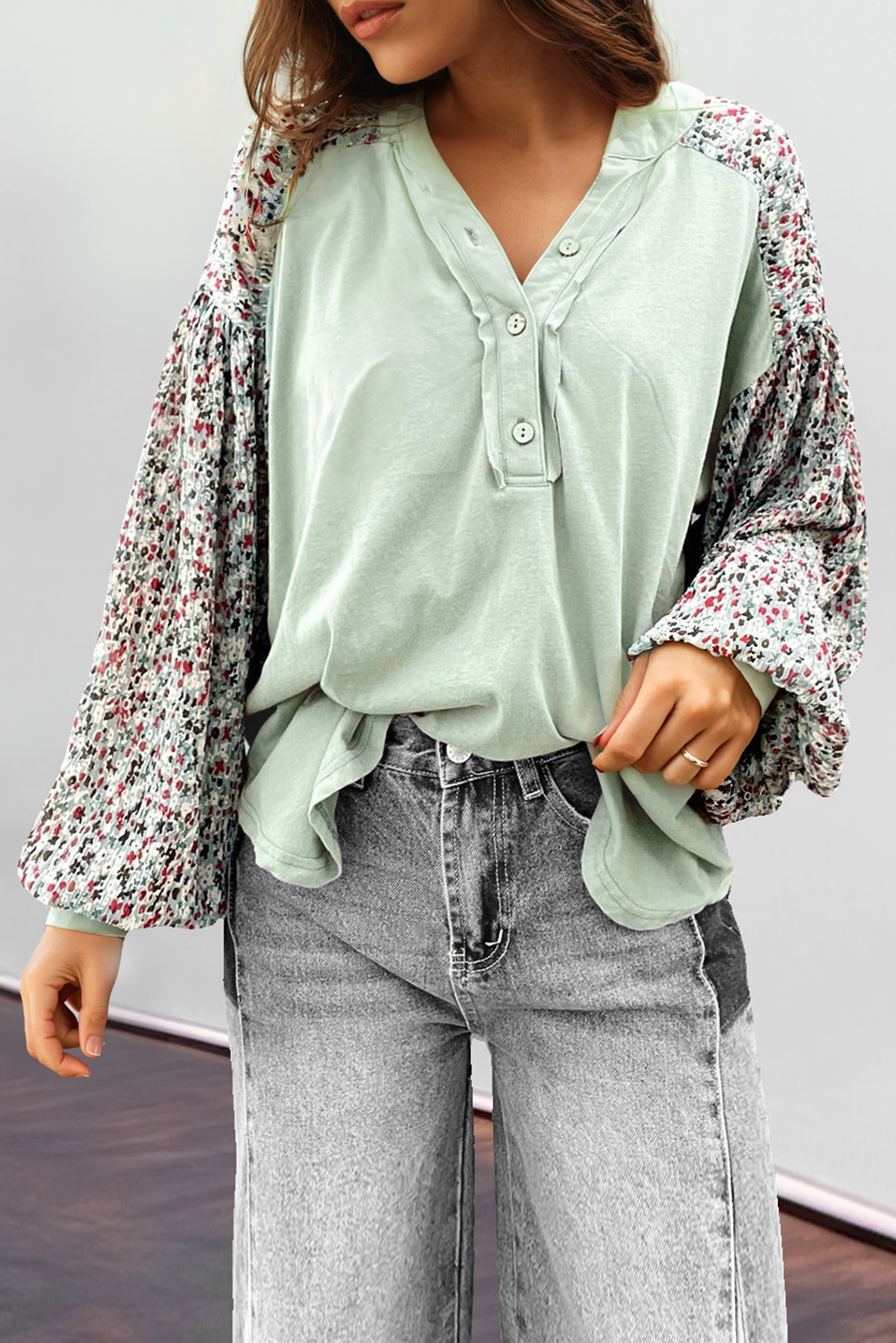 Meadow Mist Green Contrast Printed Bubble Sleeve Henley Loose Top with Slits Long Sleeve Tops JT's Designer Fashion