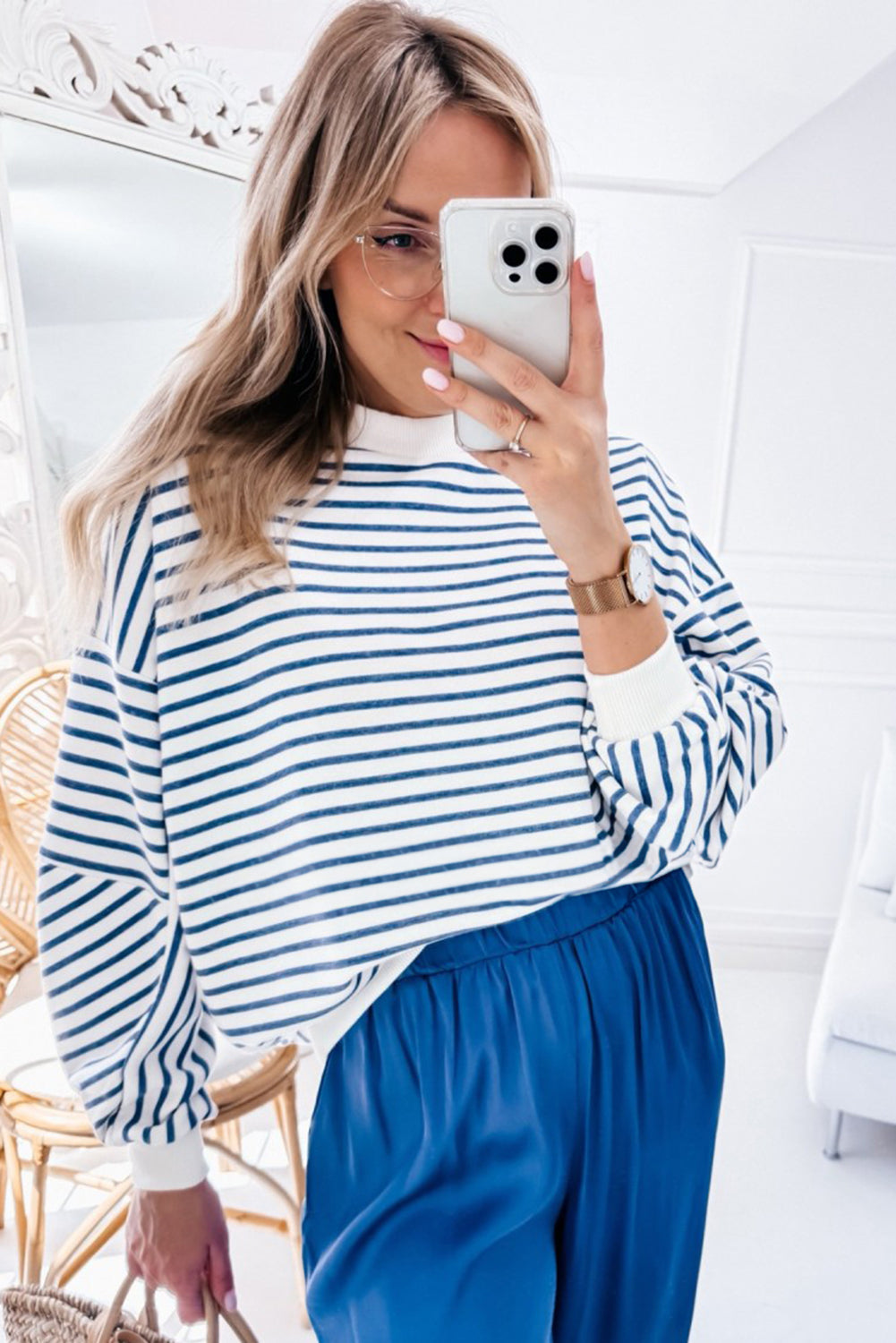 Blue Stripe Drop Shoulder Crew Neck Loose Sweatshirt Sweatshirts & Hoodies JT's Designer Fashion