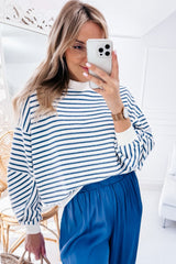 Blue Stripe Drop Shoulder Crew Neck Loose Sweatshirt Sweatshirts & Hoodies JT's Designer Fashion