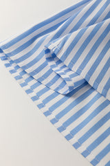 Sky Blue Stripe Shirt Collar V Neck Ricrac Trim 3/4 Puff Sleeve Blouse Blouses & Shirts JT's Designer Fashion